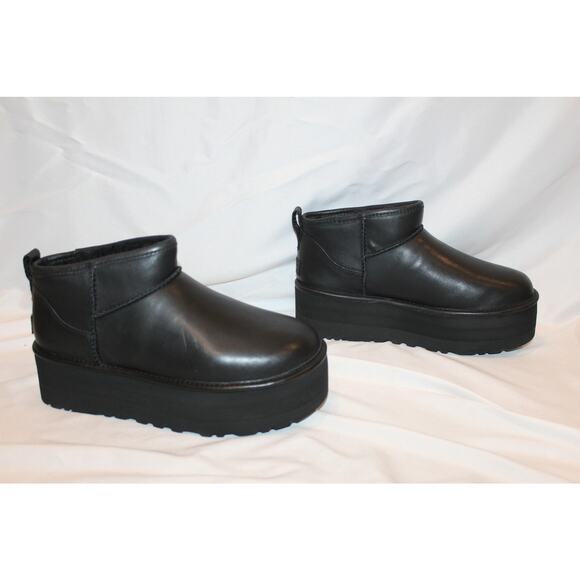NIB UGG WOMEN'S ULTRA MINI PLATFORM LEATHER SHEARLING LINED ANKLE BOOTS BLACK - Picture 5 of 8